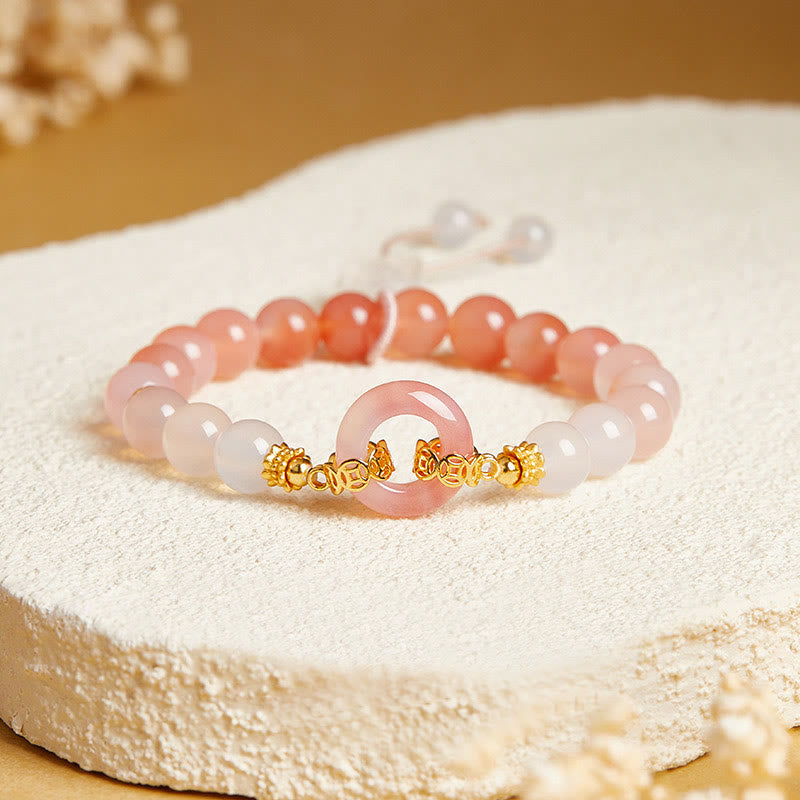 Buddha Stones 925 Sterling Silver Red Agate White Chalcedony Peace Buckle Confidence Bracelet