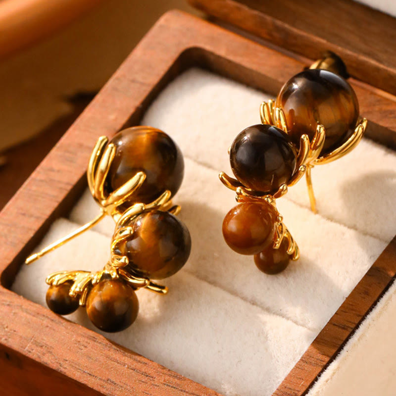 Buddha Stones Tiger Eye Round Bead Fish Tail Irregular Design Protection Earrings