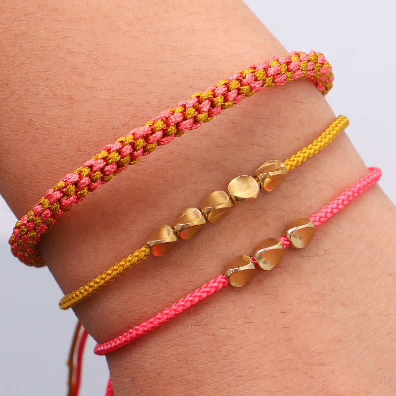Buddha Stones 3pcs Pink Yellow String Golden Copper Beads Wealth Bracelet