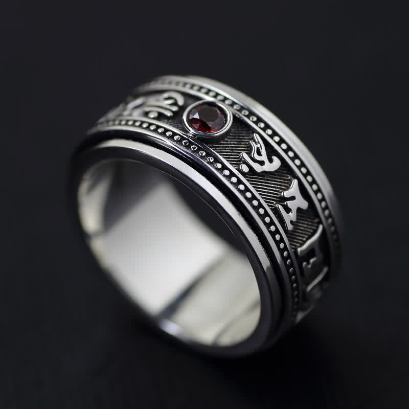 Buddha Stones Garnet Om Mani Padme Hum Copper Rotatable Peace Ring