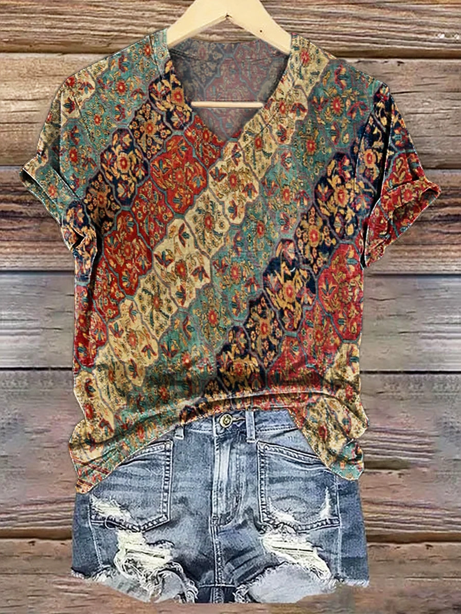 Women's Retro Ethnic Collage Art Pattern Print V-neck Casual T-Shirt