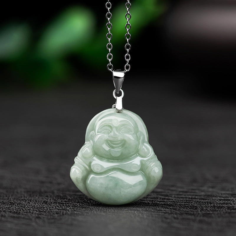 Buddha Stones Laughing Buddha Jade Blessing Titanium Steel Chain Necklace Pendant