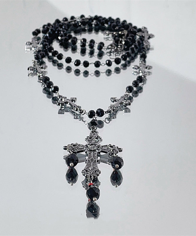 Black Acrylic Alloy Cross Gratuated Bead Necklace