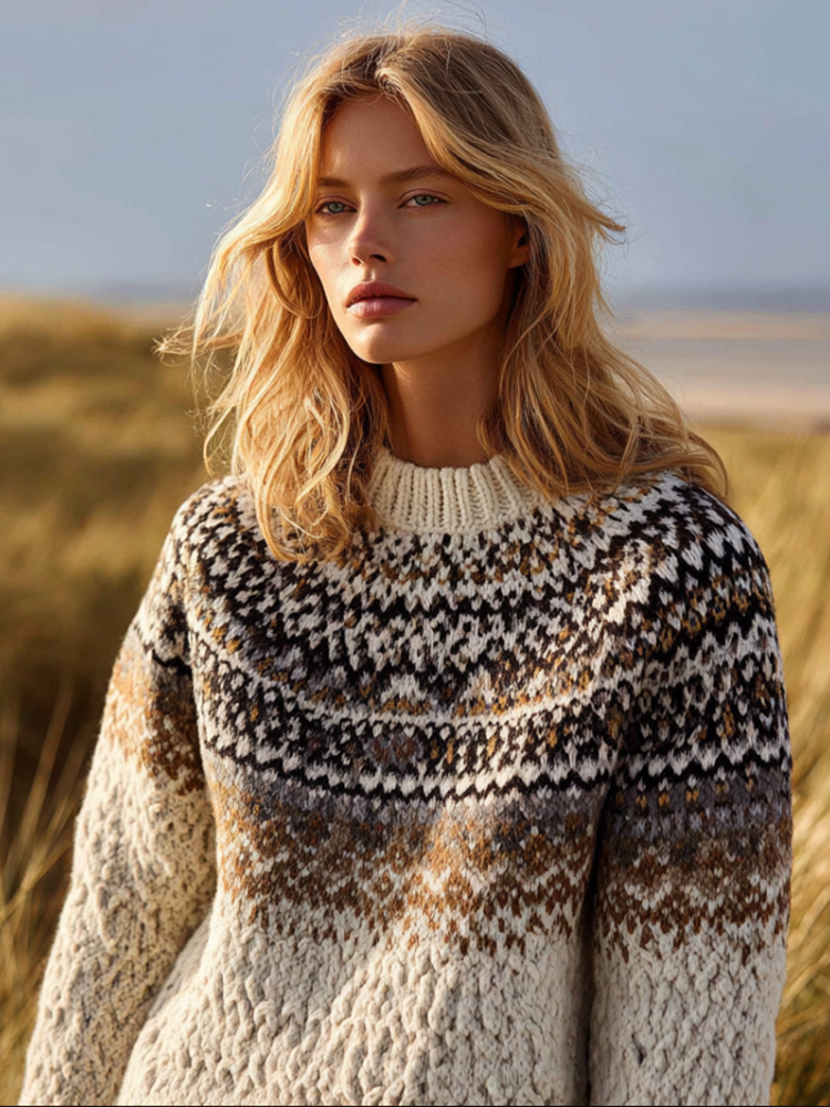 Fair Isle Style Elements Women's Round Neck Knit Sweater artswardrobe