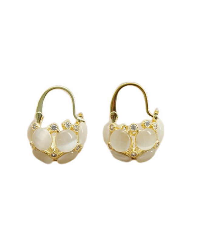 Gold Sterling Silver Overgild Cat Eye Stone Flower Basket Hoop Earrings