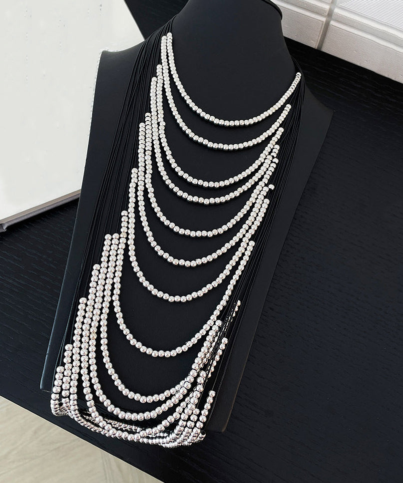 Silk Copper Leather Rope Patchwork Multi-layer Beading Tassel Gratuated Bead Necklace