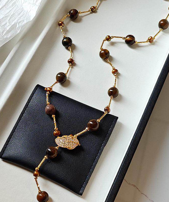Art Tiger's Eye Stone Leaf Zircon Copper Long Necklace