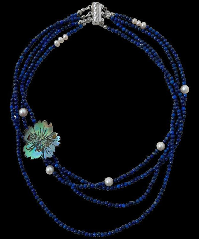 Blue Alloy Pearl Beading Layered Gratuated Bead Necklace