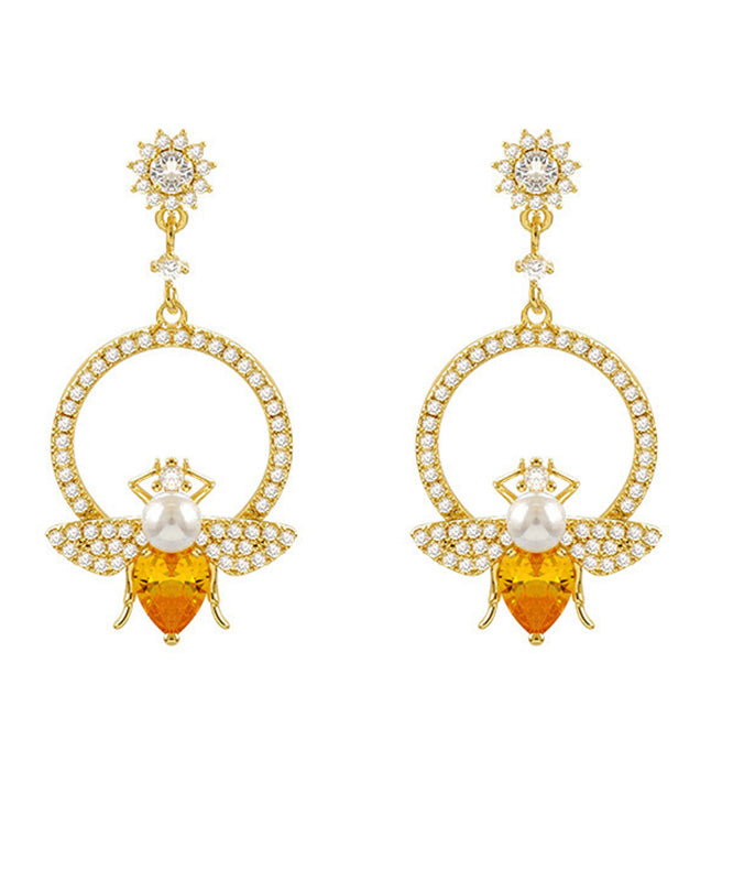 Yellow Alloy Crystal Zircon Bee Hoop Earrings