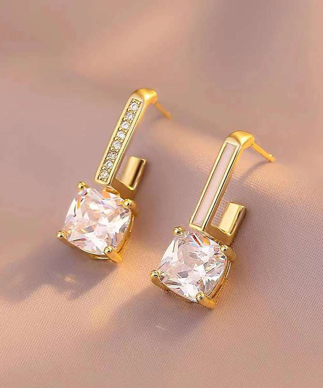 Gold Asymmetric Zircon Earrings 925 Silver Needle