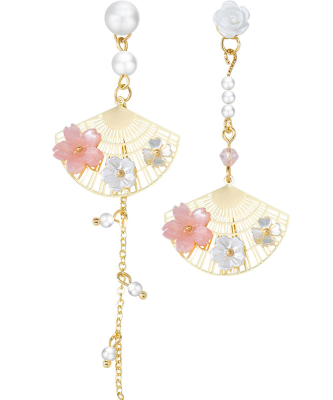 White Alloy Inlaid Crystal Pearl Asymmetricar Fan Shaped Drop Earrings