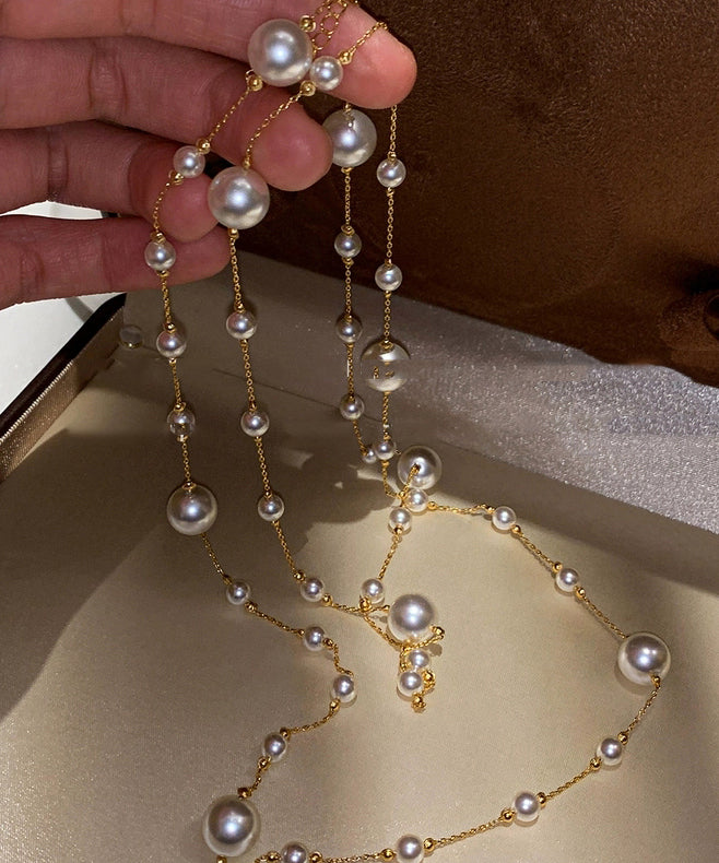 White Sterling Silver Overgild Pearl Sweaters Lariat Necklace