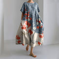 Japanese Art Flower Print Short Sleeve Loose Midi Dress elevenforest