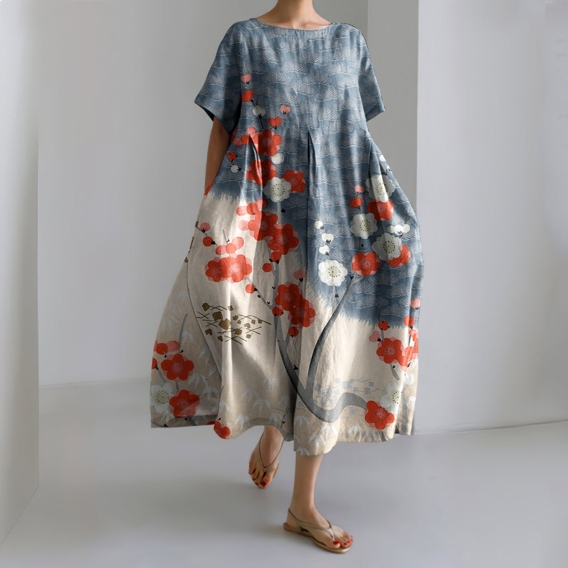 Japanese Art Flower Print Short Sleeve Loose Midi Dress elevenforest