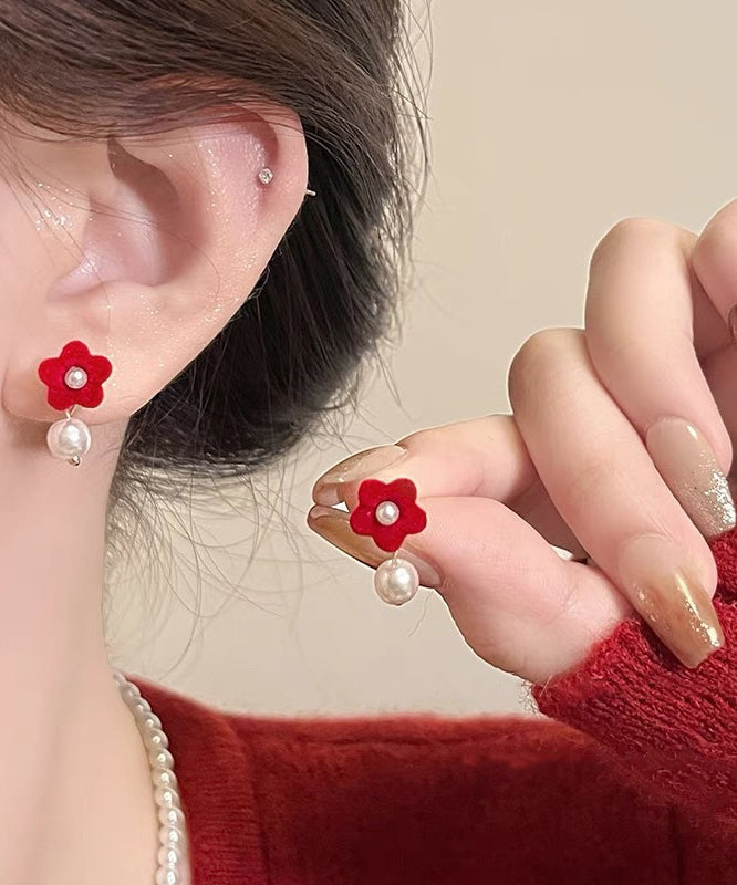 Art Red Silk Velvet Pearl Stud Earrings