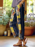 Women's Retro Geometric Floral  Patchwork Art Cotton And Linen Casual Pants elevenforest