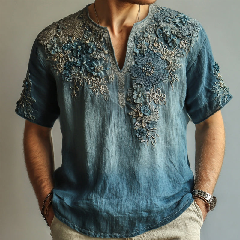 Men's Lace Floral Embroidered Vintage Linen Shirt elevenforest