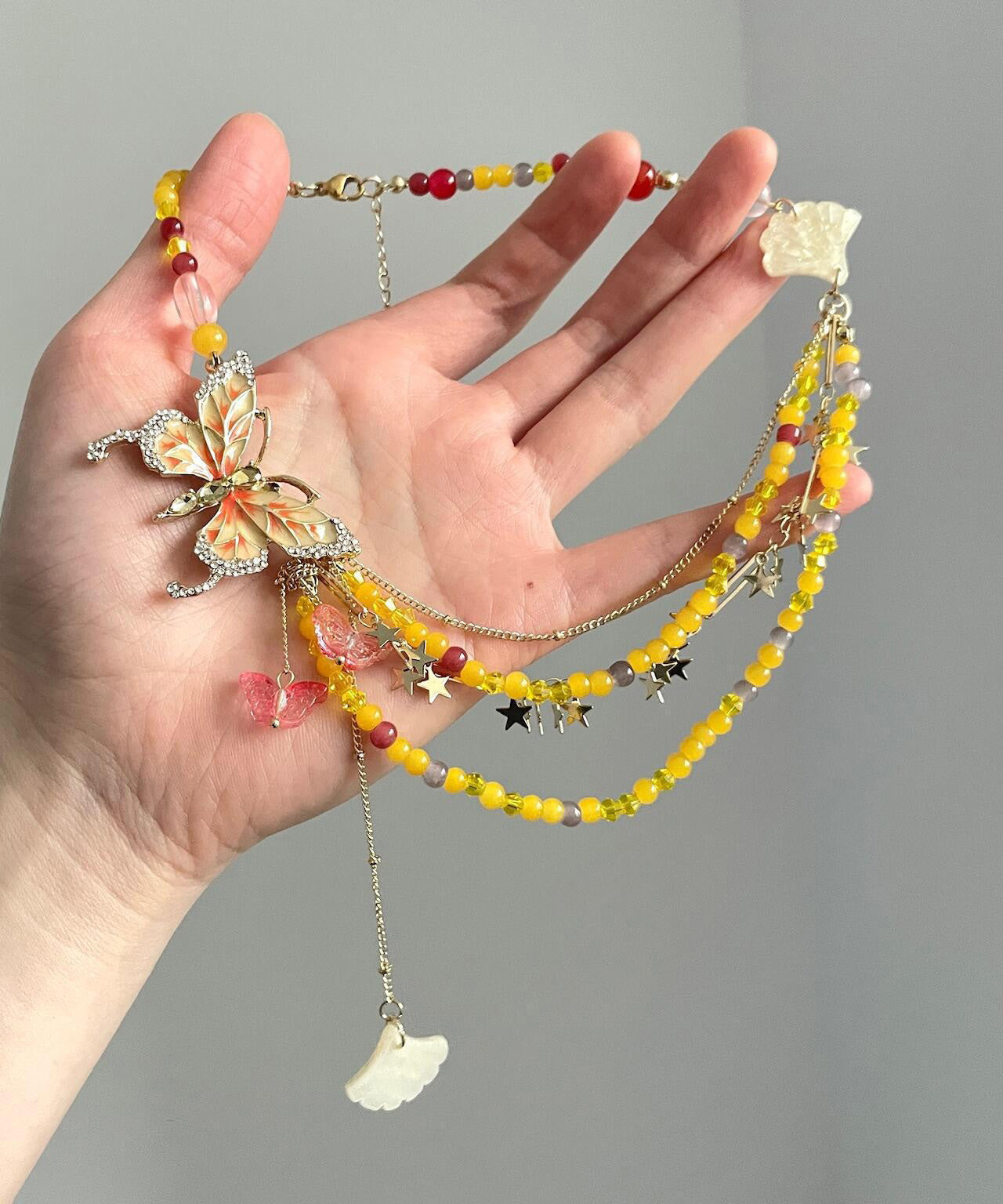 Yellow Alloy Zircon Beading Butterfly Star Pendant Necklace