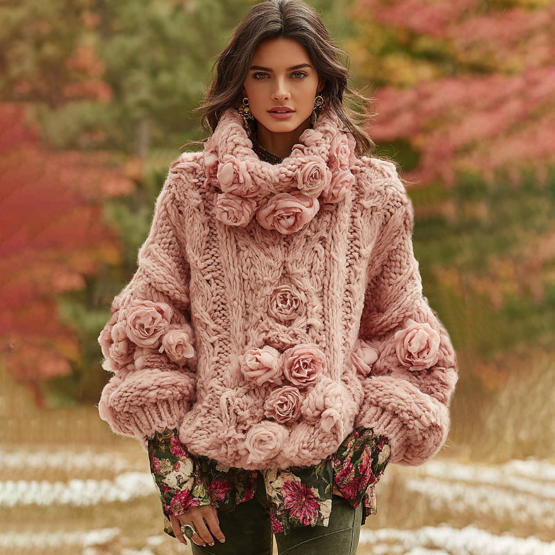 Women's Vintage Rose Art Knit Cozy High Neck Sweater