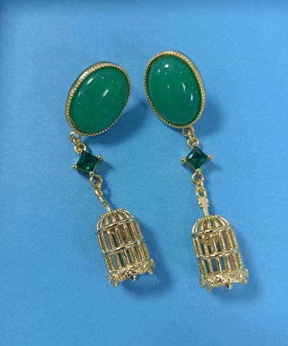 Green Sterling Silver Overgild Hollow Out Birdcage Drop Earrings