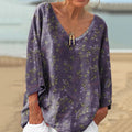 Vintage Floral Print V-neck Linen Blend T-shirt elevenforest