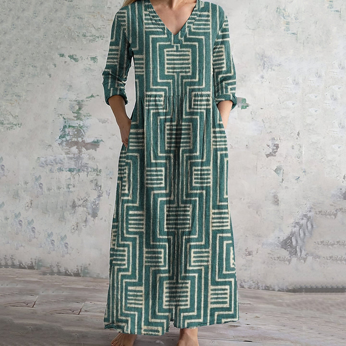 Vintage Geometric Print V-neck Linen Blend Midi Dress elevenforest