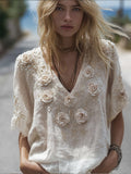 Bohemian-style White Rose Short-sleeved Shirt elevenforest