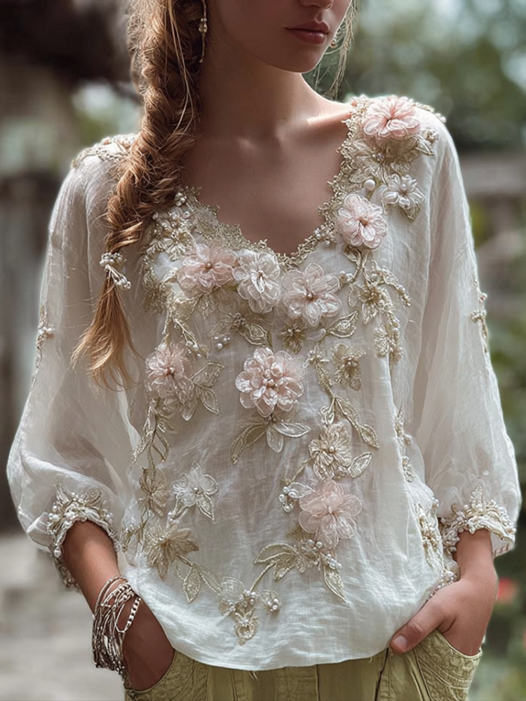 Bohemian Style Three-dimensional Flower Pattern Women's V-neck Long-sleeve Cotton And Linen Shirt elevenforest