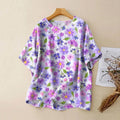 Women's Vintage Floral Print Casual Linen Crew Neck Shirt elevenforest