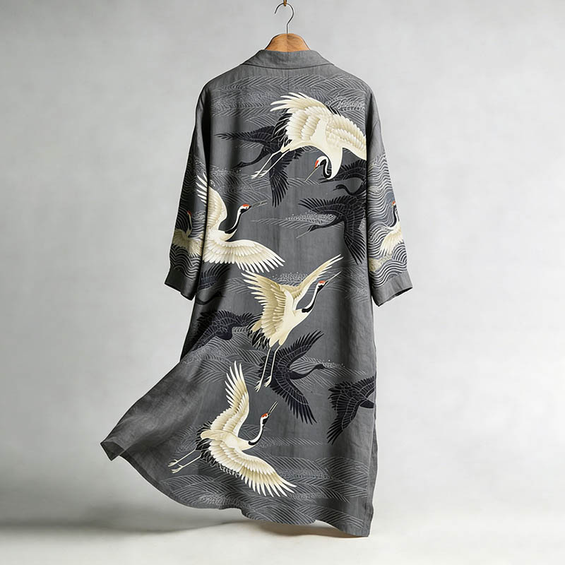 Women's Japanese Crane Art Pattern Linen Long Kimono elevenforest