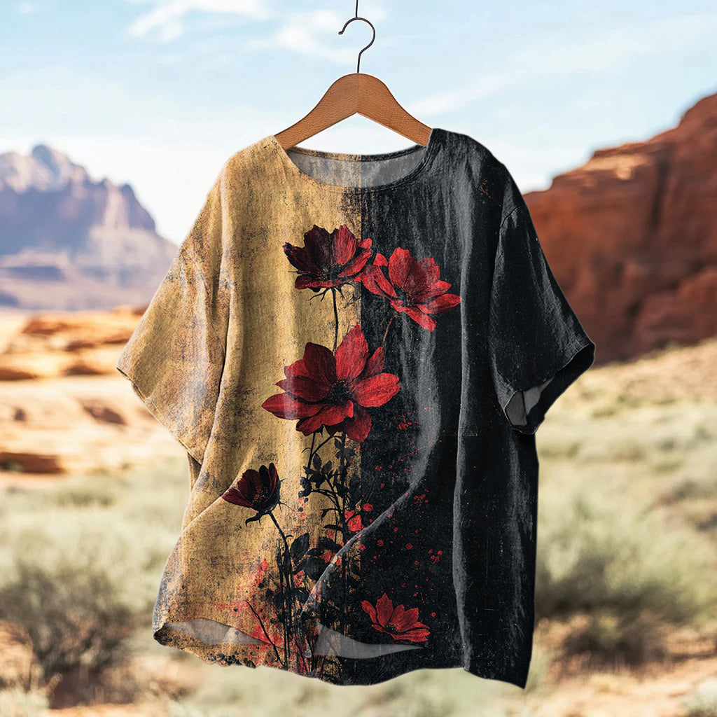 Comstylish Women's Vintage Rose Art Print Casual Linen Shirt
