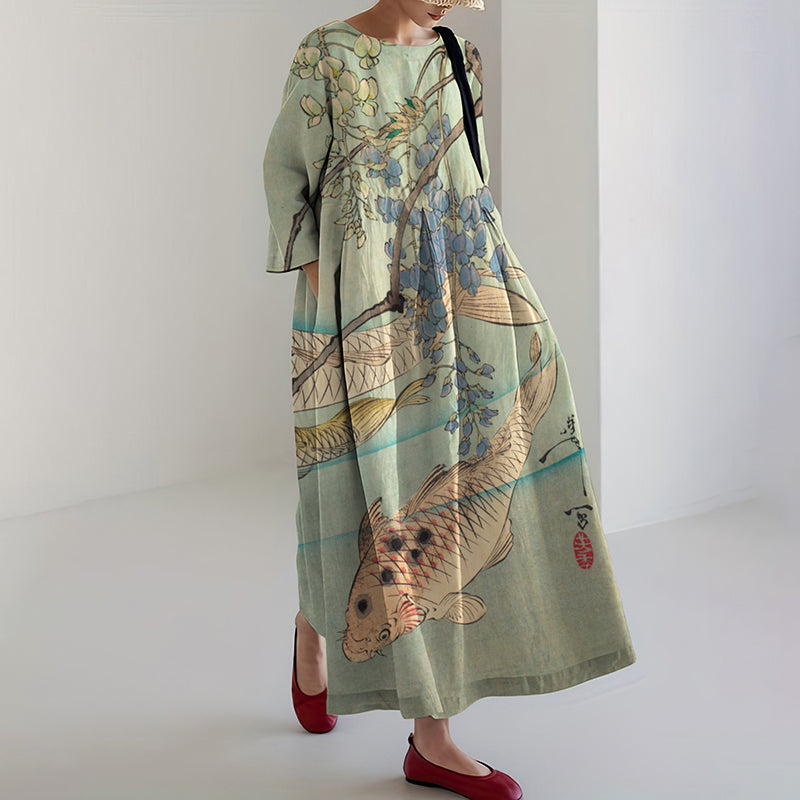 Comstylish Women's Retro Japanese Flower And Fish Art Print Midi Dress