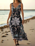 Women's Vintage Ethnic Floral Art Print Pocket Cotton Dress