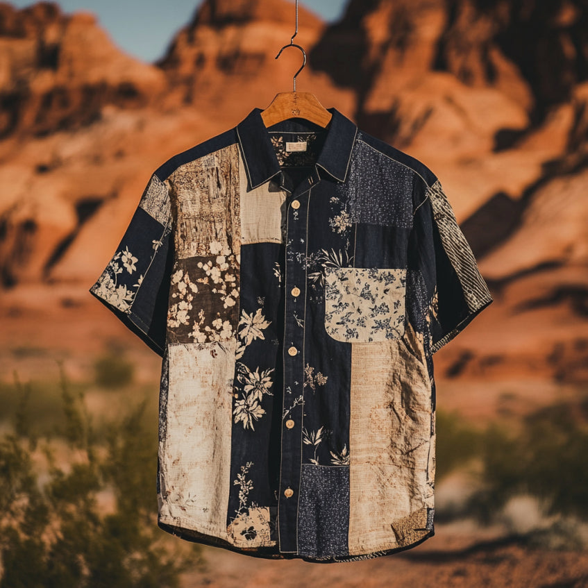Men's Applique Patchwork Art Casual Short Sleeve Shirts elevenforest