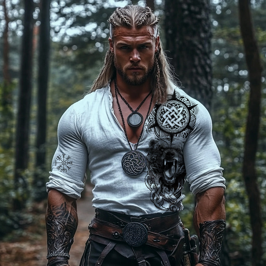 Men's Vintage Viking Lion Rune Print Linen V-neck Shirt elevenforest