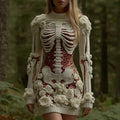 Comstylish Women's Vintage Halloween Skeleton Bones Rose Art Cozy Knit Mini Sweater Dress