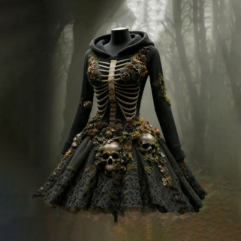 Comstylish Women's Halloween Skull Flower Moss Witch Sweater Dress