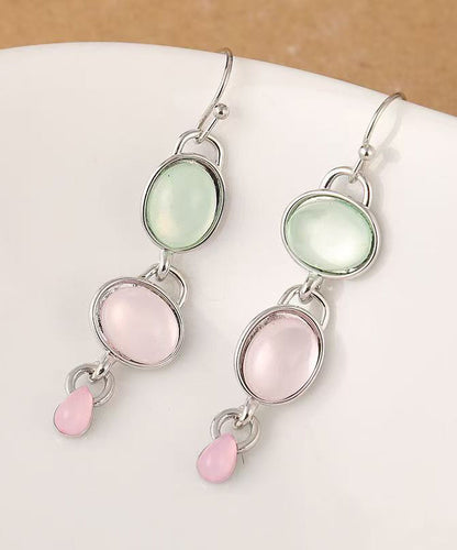Retro Asymmetric Pink Green Sterling Silver Oval Cat Eye Stone Pendant