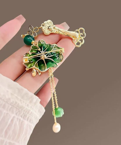 Green Copper Pearl Orchid Tassel Hairpin