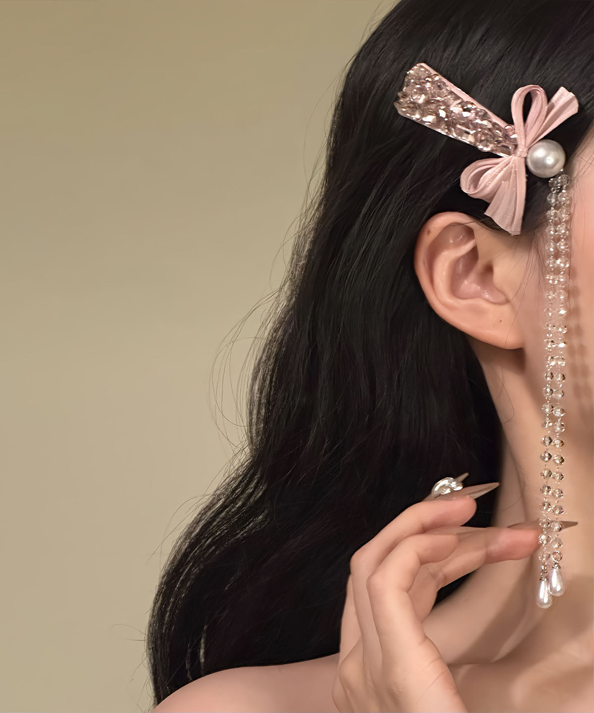 Original Design Pink Alloy Zircon Pearl Bow Tassel Hairpin