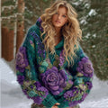 Comstylish Women's Gradient Rose And Floral Knitted Warm Hooded Sweater