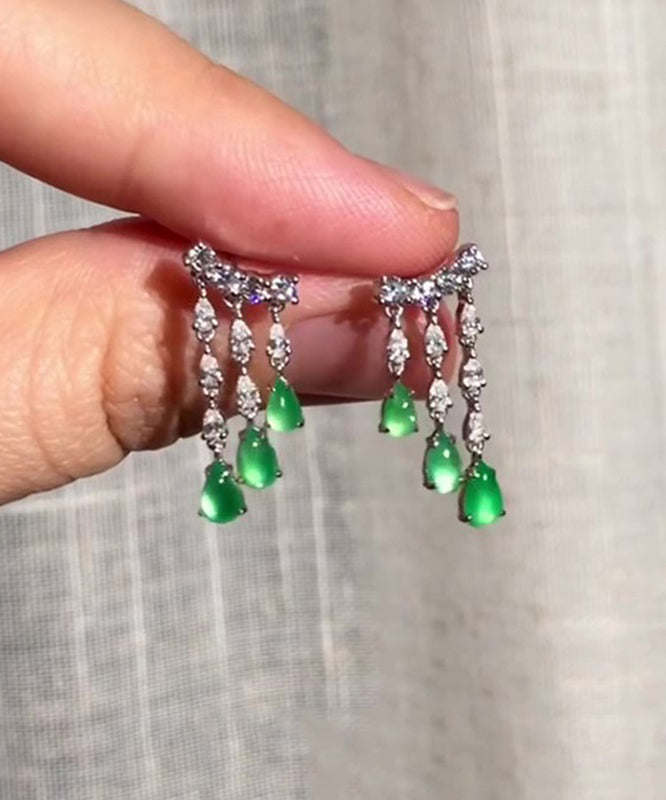 Green Sterling Silver Chalcedony Water Drop Tassel Drop Earrings