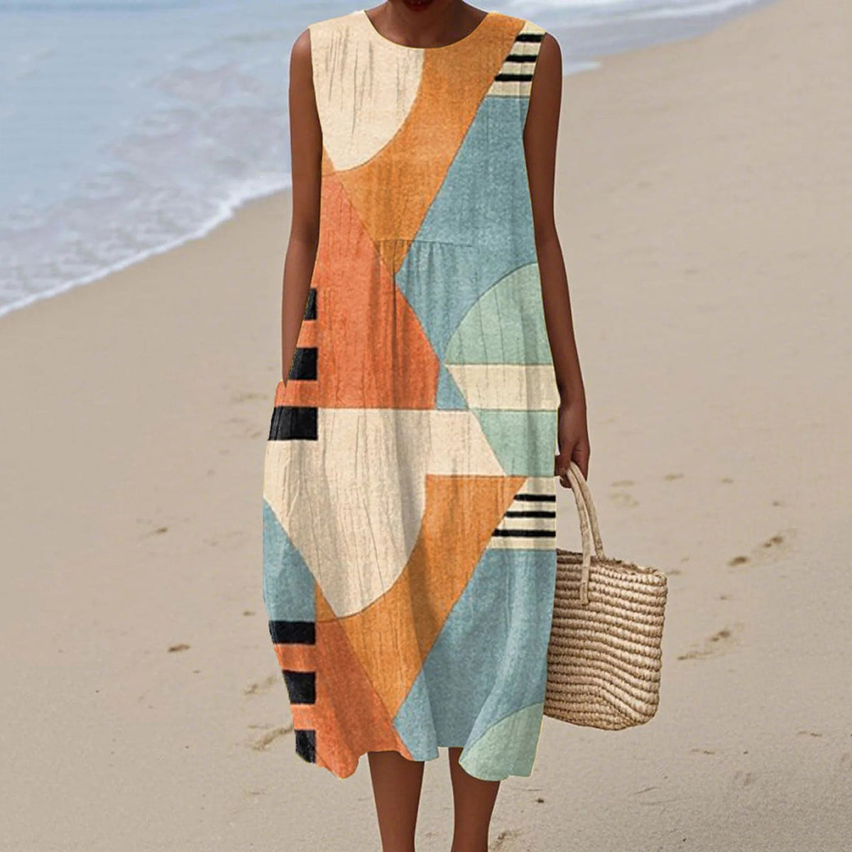 Comstylish Women's Vintage Geometry Color Block Print Cotton Dress