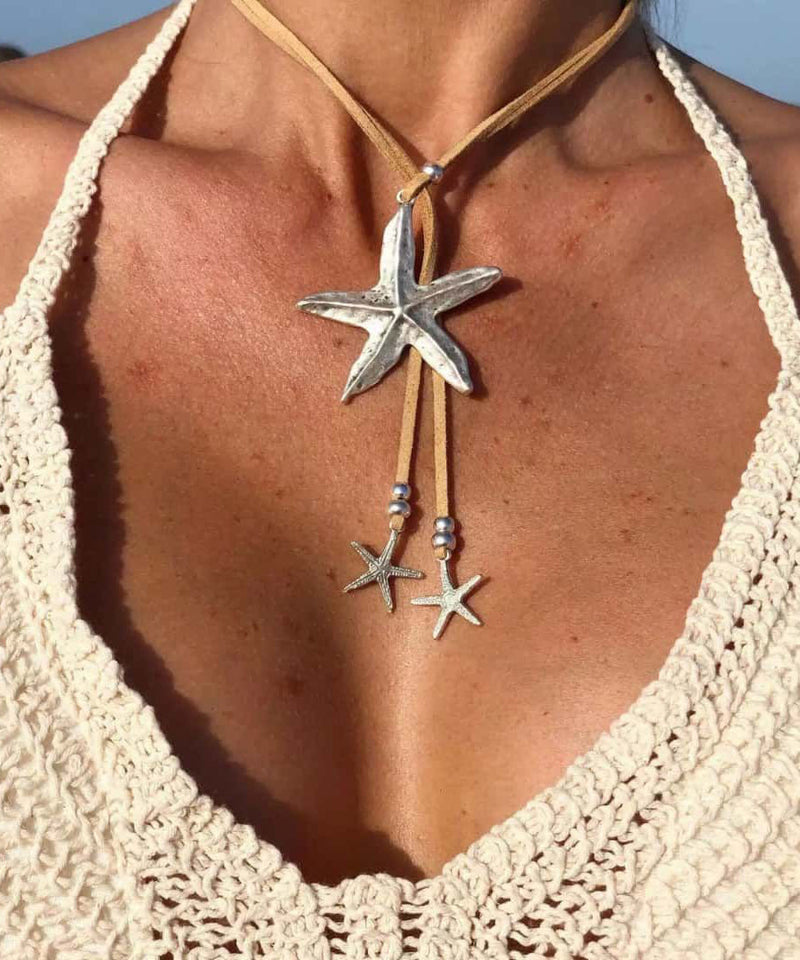 Light Yellow Alloy Leather Starfish Pendant Necklace