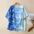 Women's Vintage Ocean Art Print Casual Linen Crew Neck Shirt elevenforest