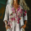 Comstylish Women's Vintage Floral Art Print Casual Cotton And Linen Shirt
