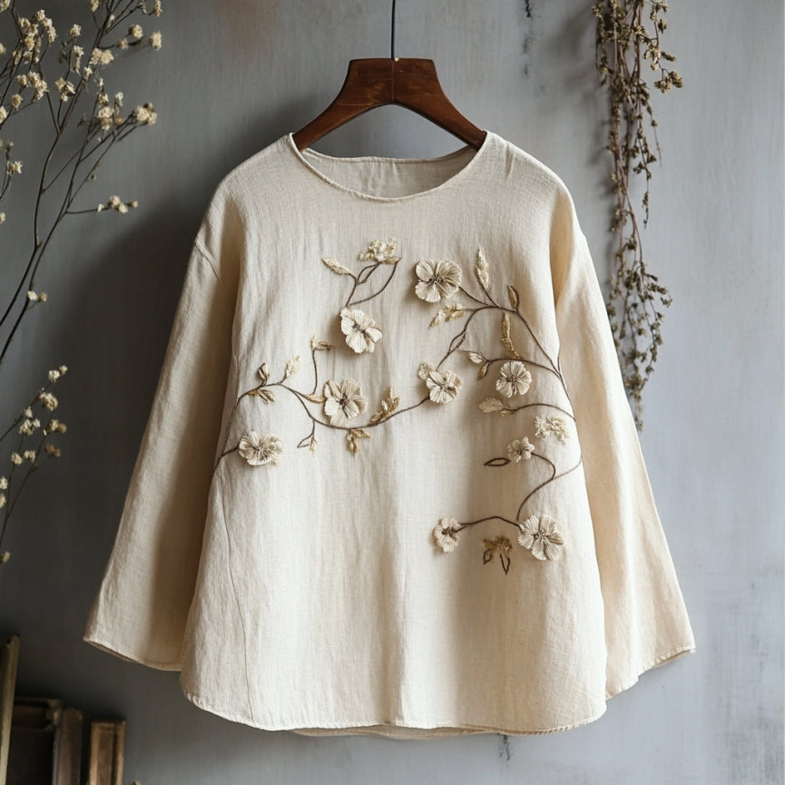 Vintage Floral Embroidered Art Linen Shirt elevenforest