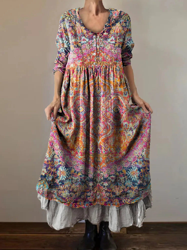 Women's Vintage Ethnic Totem Art Print Button Pocket Cotton Dress