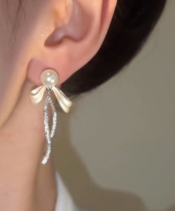 Simple Silk Alloy Butterfly Zircon Pearl Tassel Drop Earrings