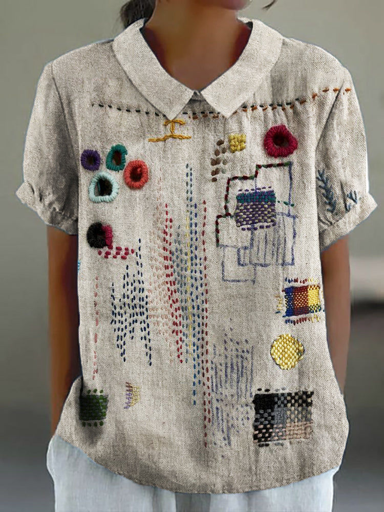 Colorful Embroidered Japanese Sashiko Art Linen Blend Shirt elevenforest